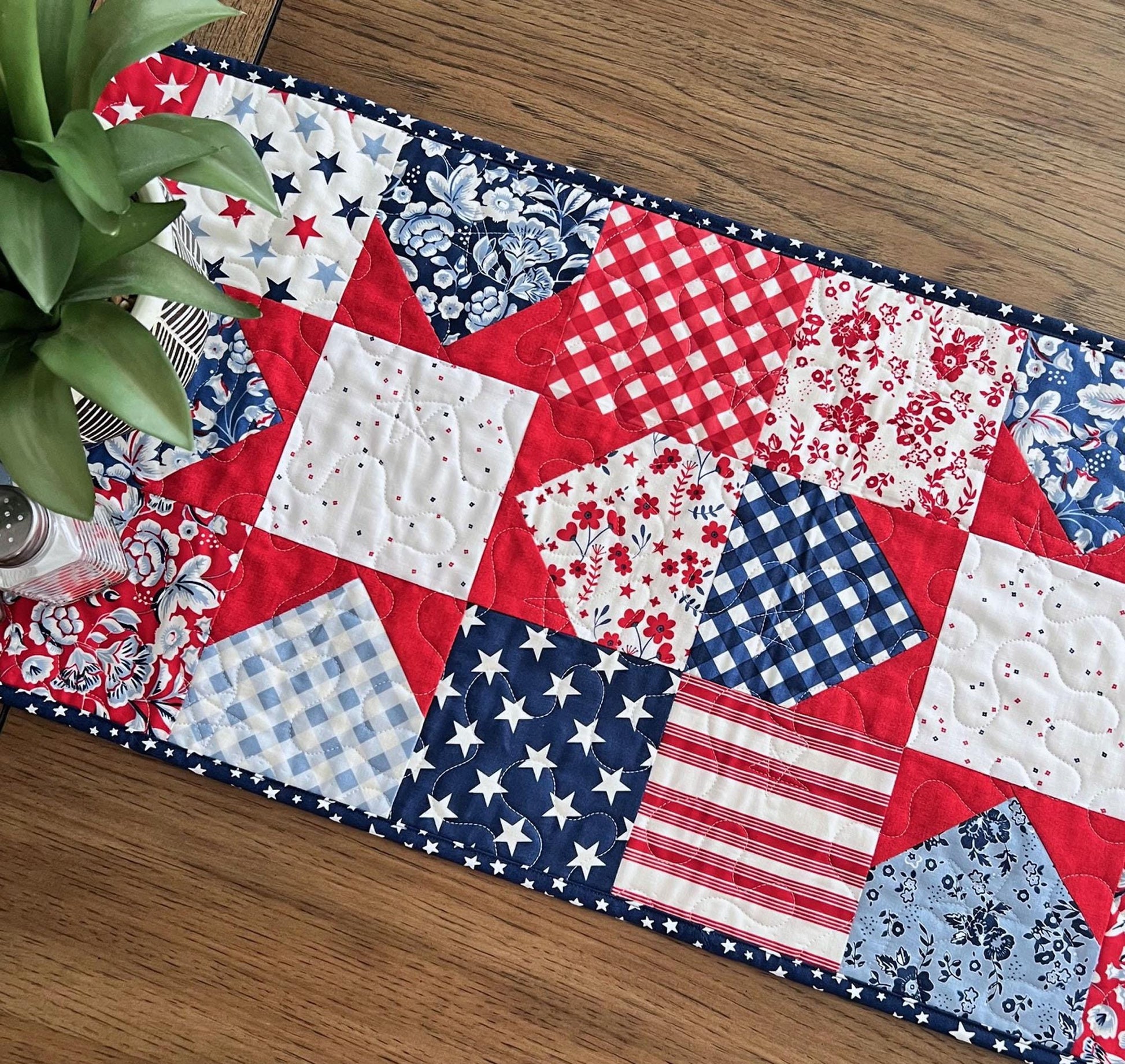 Patriotic Floral Quilted Table Runner, 14" x 53.5", Freedom Garden Red White Blue Patriotic Table Topper Quilt