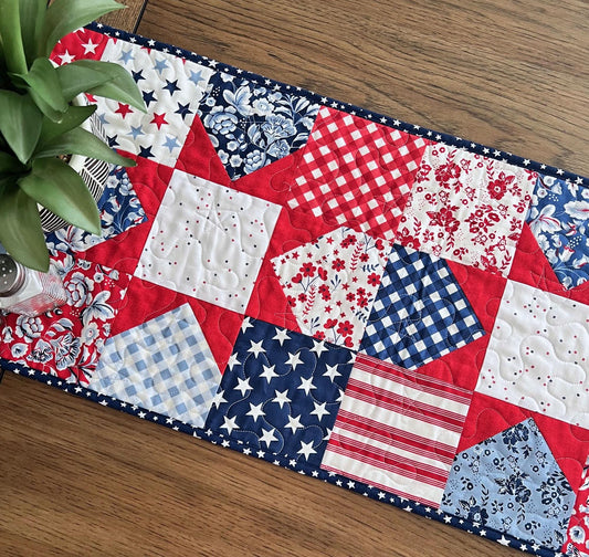 Patriotic Floral Quilted Table Runner, 14" x 53.5", Freedom Garden Red White Blue Patriotic Table Topper Quilt