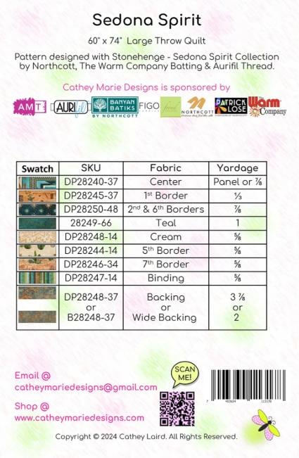 Sedona Spirit Panel Frame Quilt Pattern, Cathey Marie Designs CMD317 PTN3502, Fabric Panel Friendly Simple Panel Frame Pattern