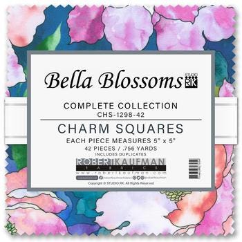 Bella Blossoms Charm Squares, Robert Kaufman CHS-1298-42, 5" Precut Pink Blue Modern Floral Charm Pack Fabric Squares