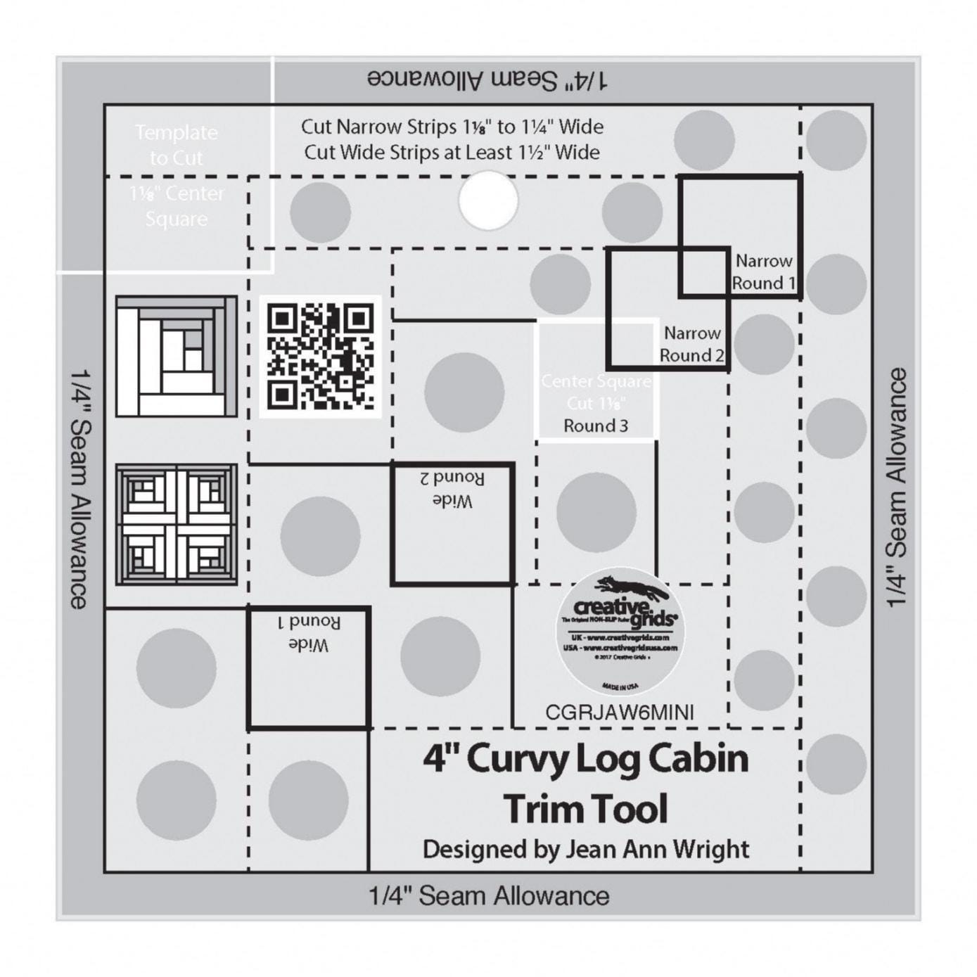 4" Mini Curvy Log Cabin Trim Tool, Creative Grids CGRJAW6MINI, Non-Slip Quilting Ruler Template