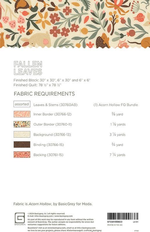 Fallen Leaves Quilt Pattern, BasicGrey PAT083, Fat Quarter FQ Friendly Patchwork Leaves Leaf Throw Quilt Pattern, Basic Grey