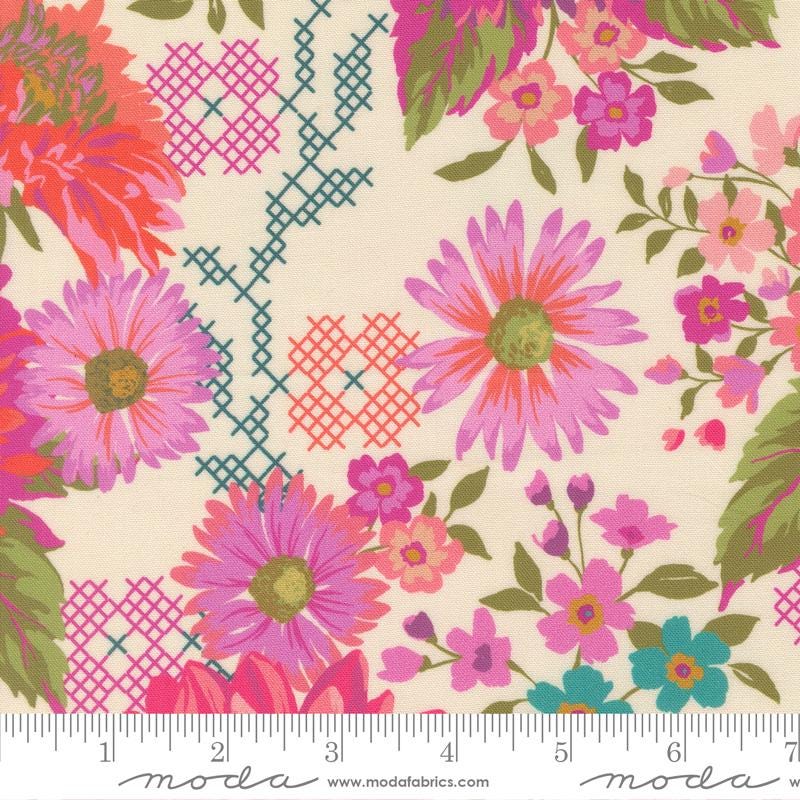 Parlor 5" Charm Pack, Moda 11960PP, Pink Teal Green Floral Charm Pack Fabric, 5" Precut Fabric Squares, Crystal Manning