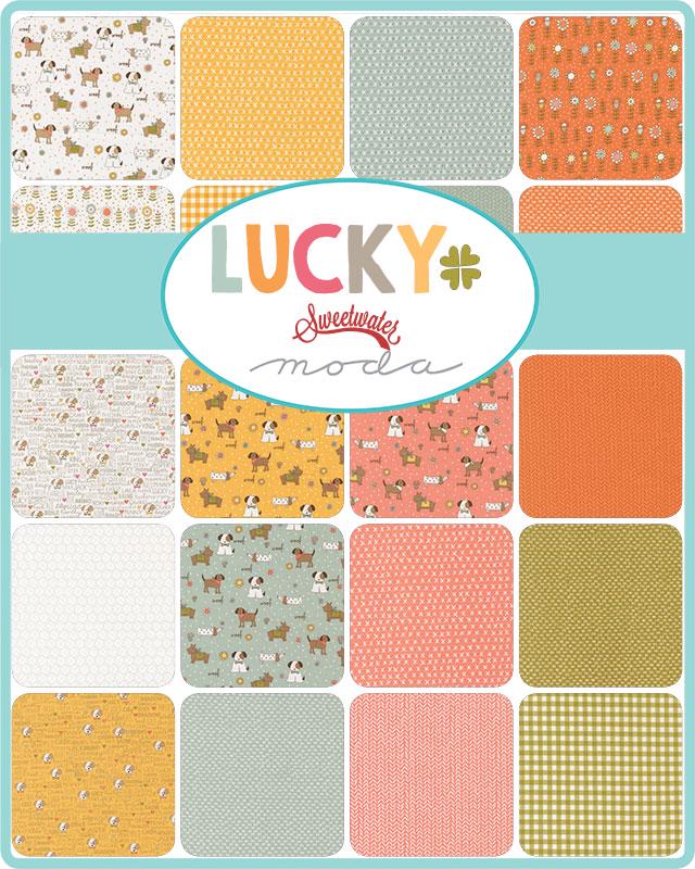 Lucky Charm Pack, Moda 55700PP, Precut 5" Coral Yellow Orange Blue Whimsical Dogs Charm Pack Fabric Squares, Sweetwater