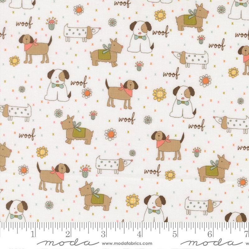 Lucky Charm Pack, Moda 55700PP, Precut 5" Coral Yellow Orange Blue Whimsical Dogs Charm Pack Fabric Squares, Sweetwater
