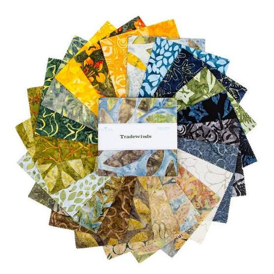 Expressions Batiks - Tradewinds 5" Stacker, Riley Blake 5-23288-42, 5" Precut Tropical Leaves Flowers Batik Fabric Squares