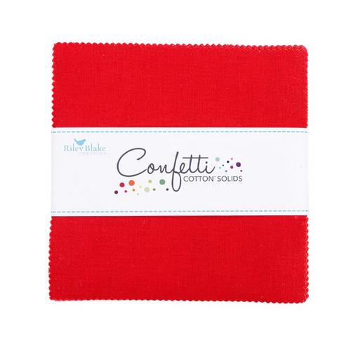 Confetti Cottons - Solid Bright Red 5" Stacker, Riley Blake 5-120-SCHOOLHOUSE-42 Schoolhouse Red, 5" Precut Solid Red Cotton Fabric Squares