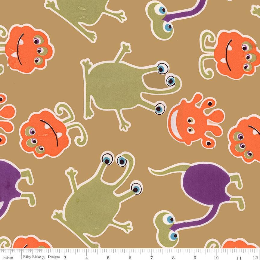Expressions Batiks Fright This Way - Halloween Monsters on Tan Batik Fabric, Riley Blake BT23337-122 Sugar Cookie, By the Yard