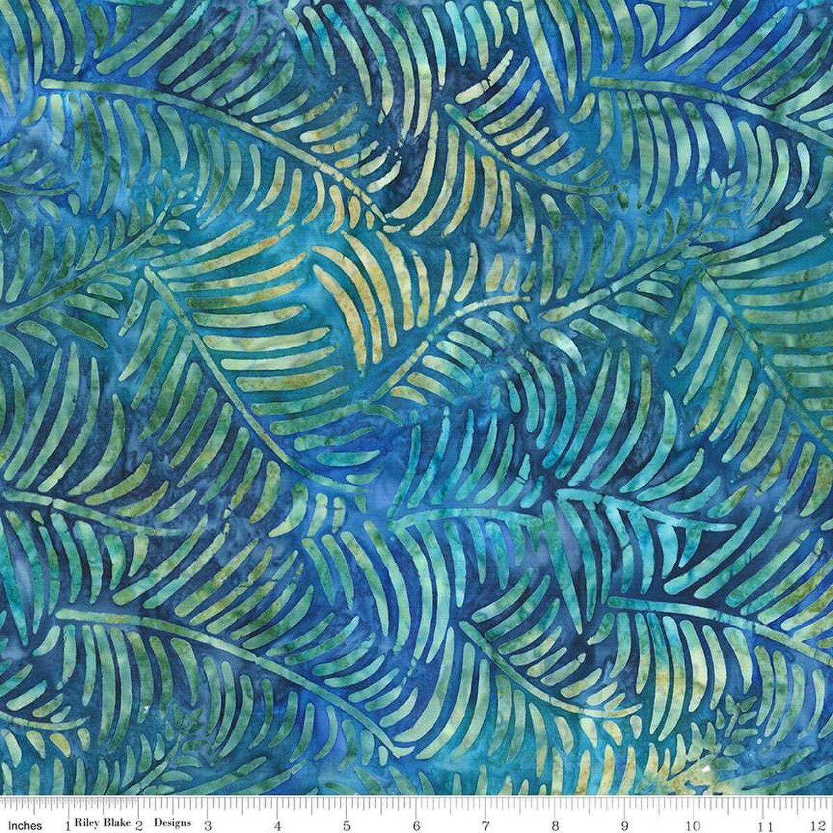Expressions Batiks Toes in the Sand - Palm Leaves on Blue Batik Fabric, Riley Blake BT23152-294 Ocean Blue, By the Yard