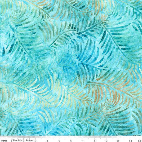 Expressions Batiks Toes in the Sand - Palm Leaves on Turquoise Blue Batik Fabric, Riley Blake BT23152-281 Caribbean Shale, By the Yard