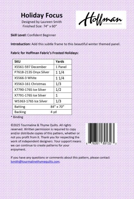 Holiday Focus 28" Panel Frame Quilt Pattern, Tourmaline and Thyme TTQ-500, Panel Friendly Easy Lap Throw Quilt Pattern