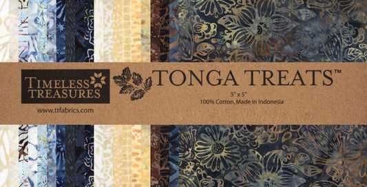Tonga Luna Batik 5" Squares, Timeless Treasures Treat-Mini42 Luna, 5" Precut Blue Brown Batik Charm Pack Squares