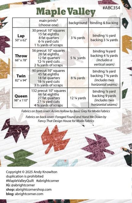 Maple Valley Quilt Pattern, A Bright Corner ABC354, Precuts Yardage Friendly Autumn Fall Leaves Throw Bed Quilt Pattern, Andy Knowlton,