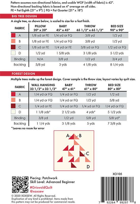 Griswold Quilt Pattern, XOX SEW XO105, Fat Quarter FQ Yardage Friendly Contemporary Christmas Xmas Trees Pillow Throw Baby Bed Quilt Pattern