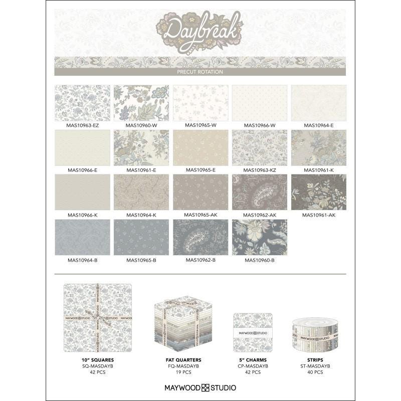 Daybreak 5" Charm Pack, Maywood Studio CP-MASDAYB, 5" Precut Soft Pastels Blue Taupe Cream Paisley Floral Charm Pack Fabric Squares