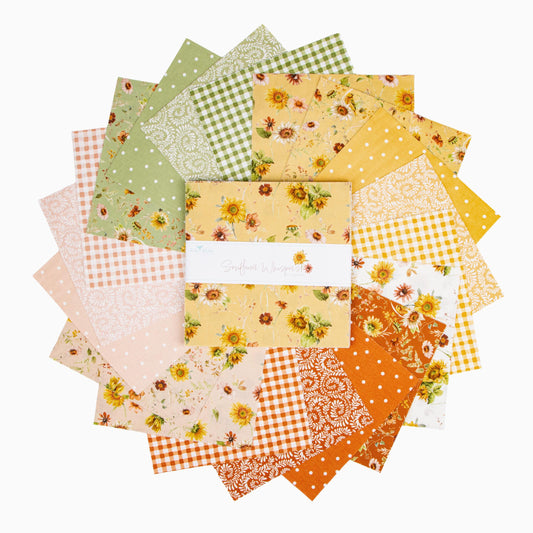 Sunflower Whispers 10" Stacker, Riley Blake 10-16670-42, 10" Precut Botanical Autumn Fall Yellow Green Rust Floral Fabric Squares, Audit