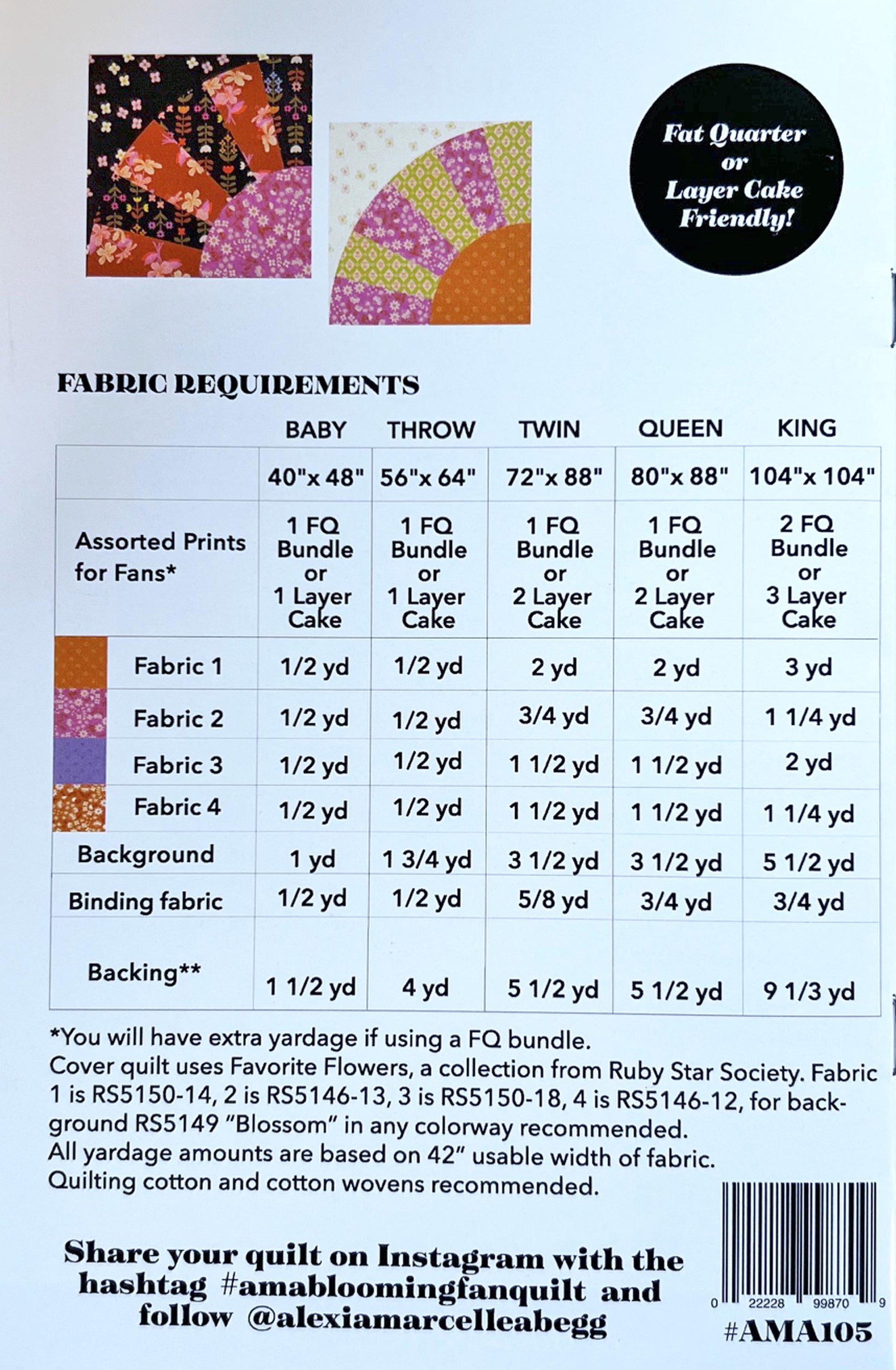Blooming Fan Quilt Pattern, Alexia Marcelle Abegg AMA105, Fat Quarter FQ Layer Cake Friendly Curved Piecing Fan Quilt Pattern