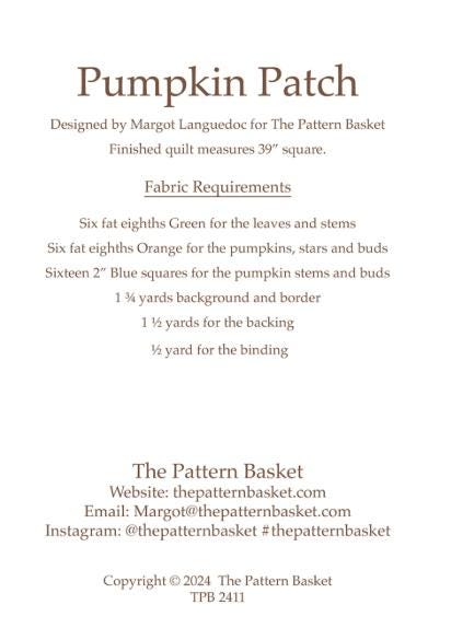 Pumpkin Patch Table Topper Quilt Pattern, The Pattern Basket TPB2411, Fat Eighths F8 Yardage Friendly Autumn Fall Stars Pumpkins Pattern