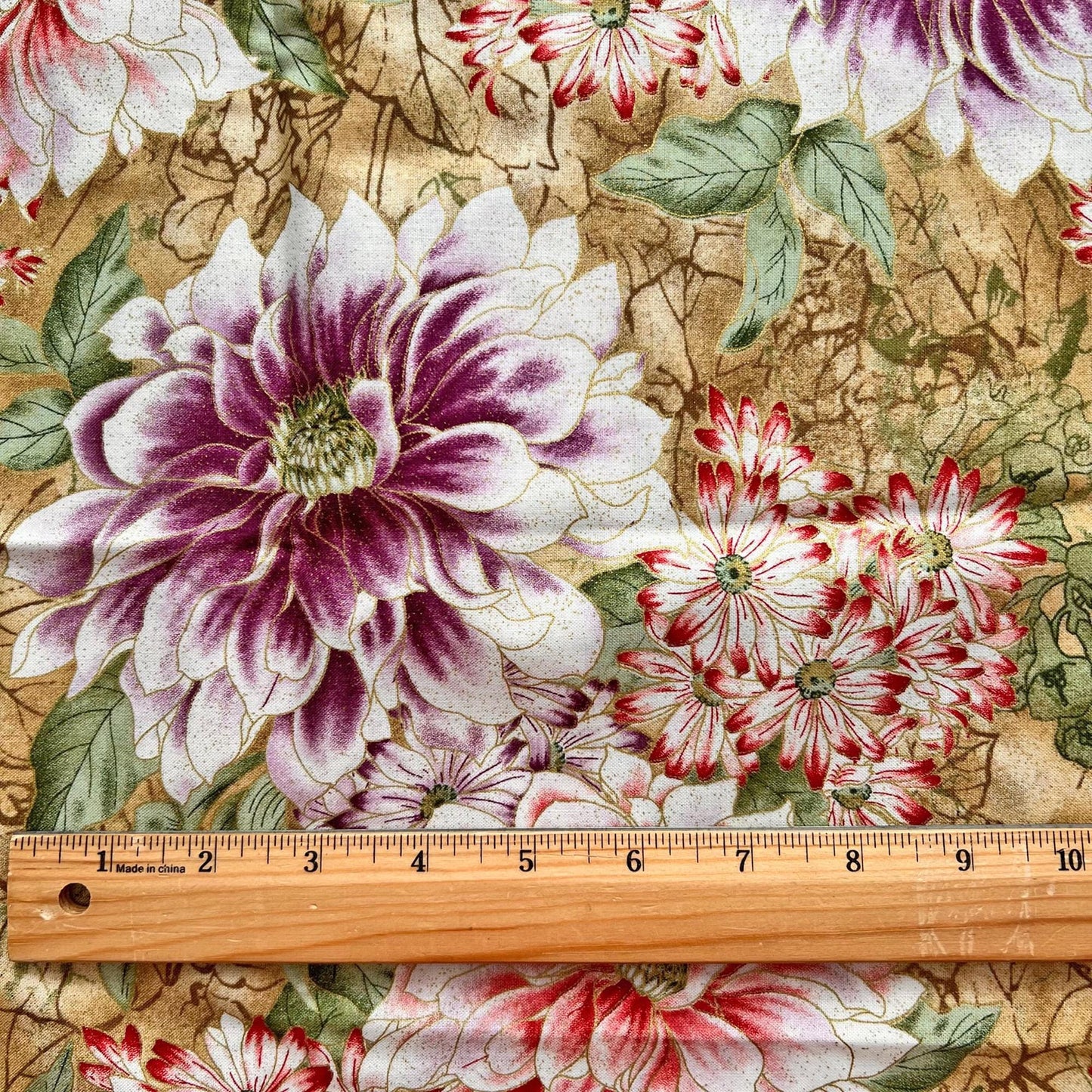 DESTASH Tea House - 1 Yard Cut of Red Purple Green Floral Fabric, Benartex 1694, Gold Metallic Accent Fabric, Japanese Asian Inspired Fabric