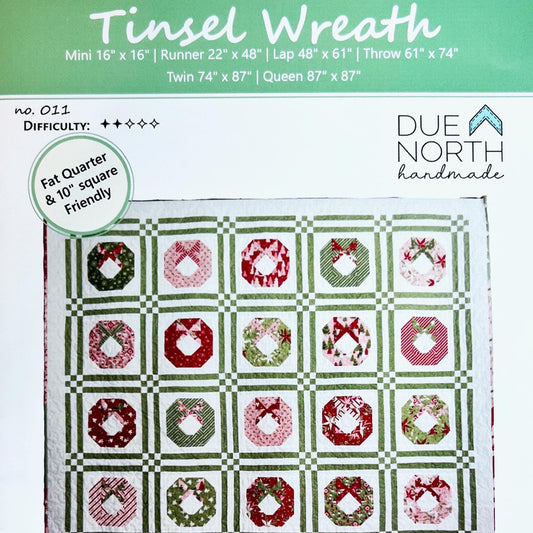 Tinsel Wreath Quilt Pattern, Due North Handmade DNH011, Layer Cake FQ Friendly Christmas Xmas Wreaths Runner Lap Throw Bed Quilt Pattern