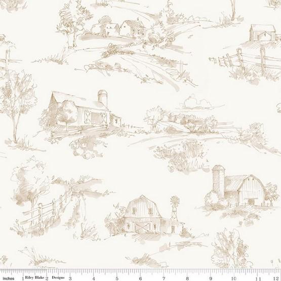 108" Countryside - 3 Yard Cut of Toile Country Scenes on Cream Wide Quilt Back Fabric, Riley Blake 3YD-WB14539-SAND, 108" Brown Cream Toile
