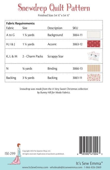 Snowdrop Quilt Pattern, It's Sew Emma ISE299, 5" Charm Square Friendly Star Lap Throw Quilt Pattern, Jocelyn Ueng