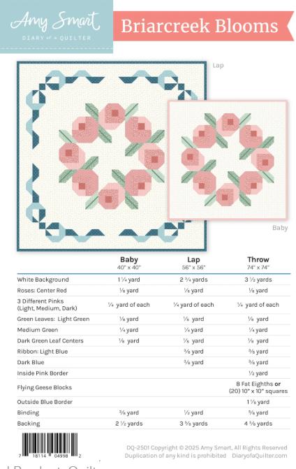 Briarcreek Blooms Quilt Pattern, Diary of a Quilter DOQ2501, Yardage Friendly Floral Wreath Square Baby Lap Throw Quilt Pattern, Amy Smart