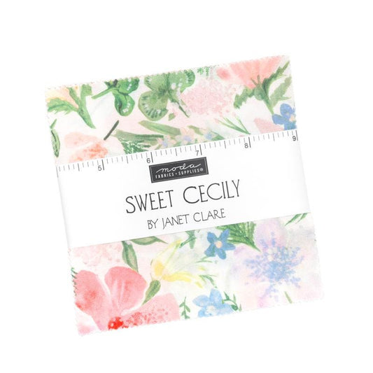 Sweet Cecily 5" Charm Pack, Moda 24640PP, 5" Precut Pink Blue Green Floral Quilt Fabric Squares, Janet Clare