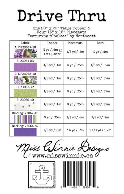 Drive Thru Table Topper and Place Mats Quilt Pattern, Miss Winnie Designs MWDDTT19, Quick Easy Table Quilt Placemats Pattern