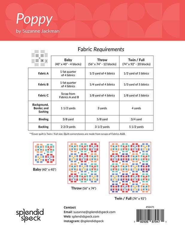 Poppy Quilt Pattern, Splendid Speck SS471, Fat Quarter Yardage Friendly Baby Throw Twin Full Bed Quilt Pattern, Suzanne Jackman