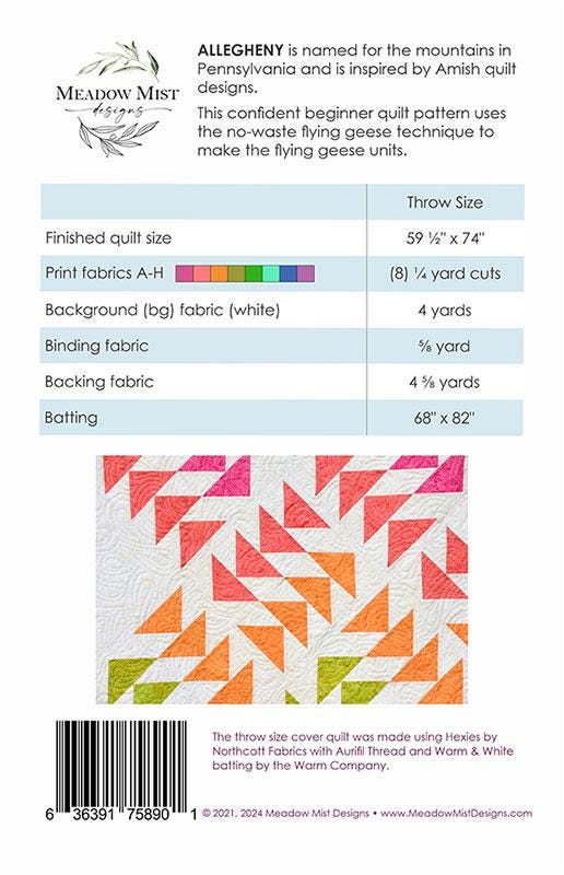 Allegheny Quilt Pattern, Meadow Mist Designs MMD1097, Yardage Friendly Flying Geese Throw Quilt Pattern