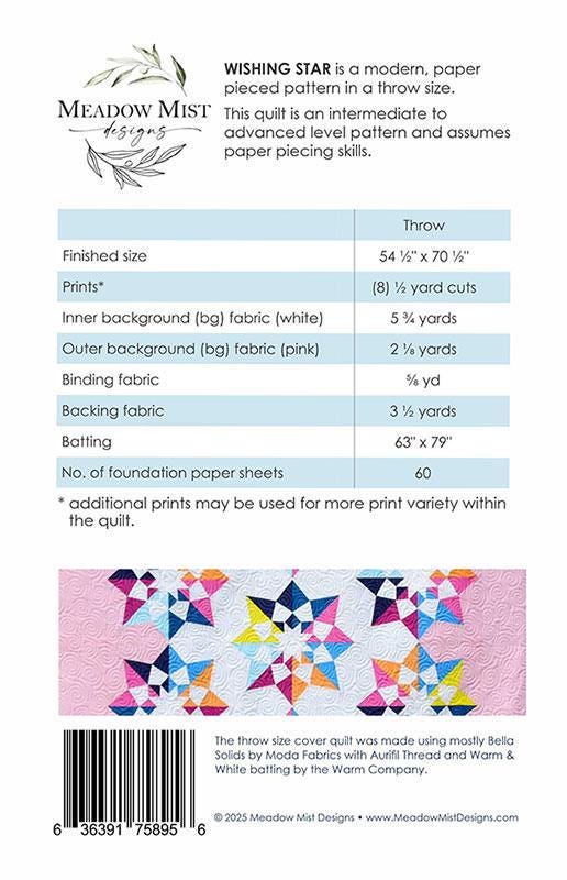 Wishing Star FPP Quilt Pattern, Meadow Mist Designs MMD1138, Yardage Friendly Baby Foundation Paper Pieced Throw Quilt Pattern