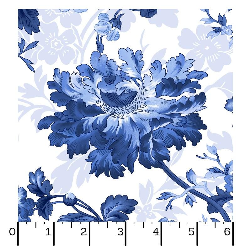 Blue Belle - Blue Flowers on White Fabric, Maywood Studio MAS10900-W, Blue White Floral Cotton Quilt Fabric, By the Yard