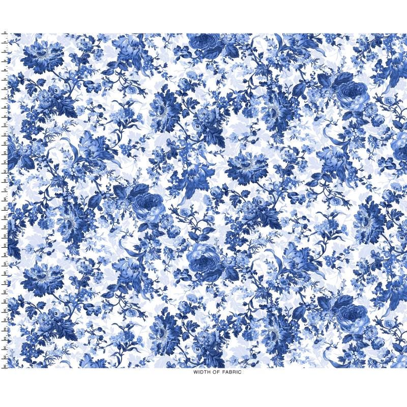 Blue Belle - Blue Flowers on White Fabric, Maywood Studio MAS10900-W, Blue White Floral Cotton Quilt Fabric, By the Yard
