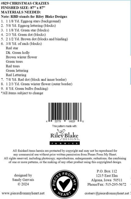 Christmas Crazies Quilt Pattern, Pieces From My Heart PM829, Yardage Friendly Large Focal Prints Square Throw Bed Quilt Pattern