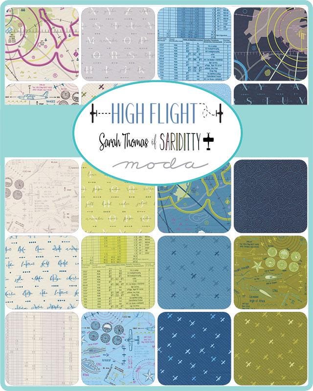 High Flight 10" Layer Cake, Moda 45060LC, 10" Precut Green Blue Gray Aeronautical Airplanes Quilt Fabric Squares, Sarah Thomas, Sariditty