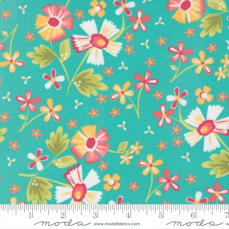 In the Garden 2.5" Jelly Roll, Moda 29230JR, 2.5" Precut Teal Red Yellow Gray Floral Fabric Strips, Corey Yoder, Coriander