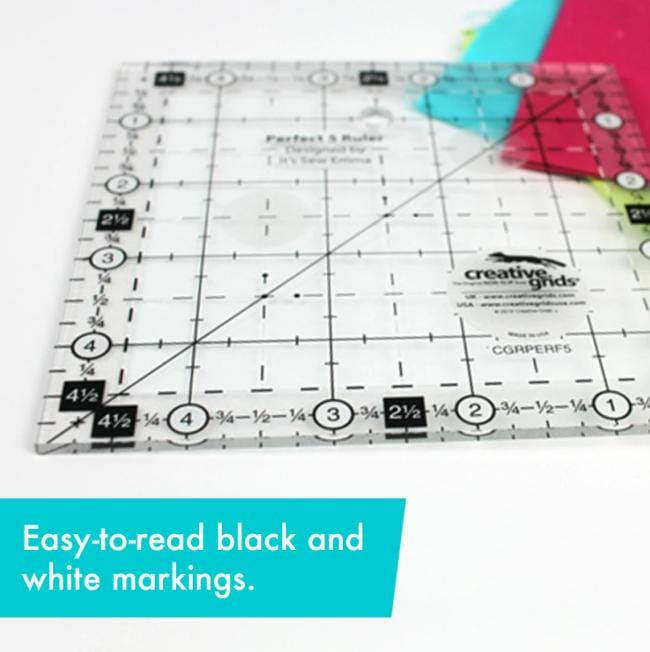 Perfect 5 Ruler, Creative Grids CGRPERF5, 5" Non-Slip Quilting Ruler Template, 5" Square Trim Quilting Ruler, It's Sew Emma