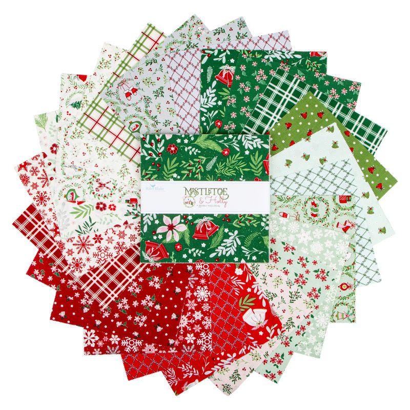 Mistletoe and Holly 10" Stacker, Riley Blake 10-16400-42, 10" Precut Christmas Xmas Floral Fabric Squares, Beverly McCullough