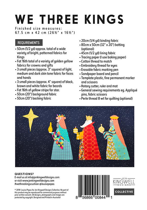 We Three Kings Pillow Quilt Pattern, Jen Kingwell Designs JKD8441, Scrap Yardage Friendly Christmas Xmas Applique Pillow Cover Pattern