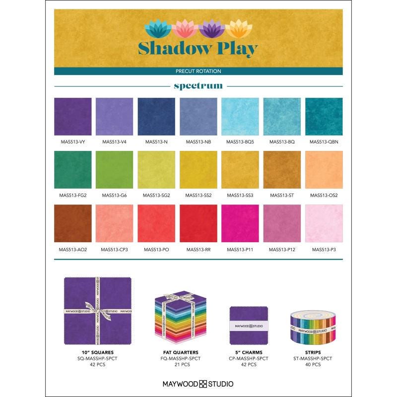 Shadow Play 5" Charm Pack, Maywood Studio CP-MASSHP-SPCT, 5" Precut Solidish Charm Pack Fabric Squares