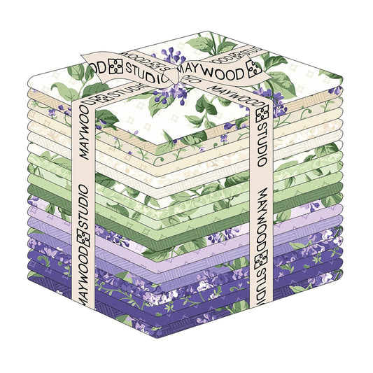 Lilac Lane 19 Piece Fat Quarter Bundle Plus Panel, FQ-MASLILA, 18 x 22 Fabric Cuts, Purple Green Floral Fabric Bundle, Maywood Studio