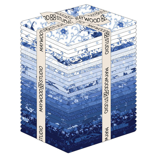Blue Belle 28 Piece Fat Quarter Bundle Plus Panel, FQ-MASBLBE, 18 x 22 Fabric Cuts, Blue White Floral Fabric Bundle, Maywood Studio