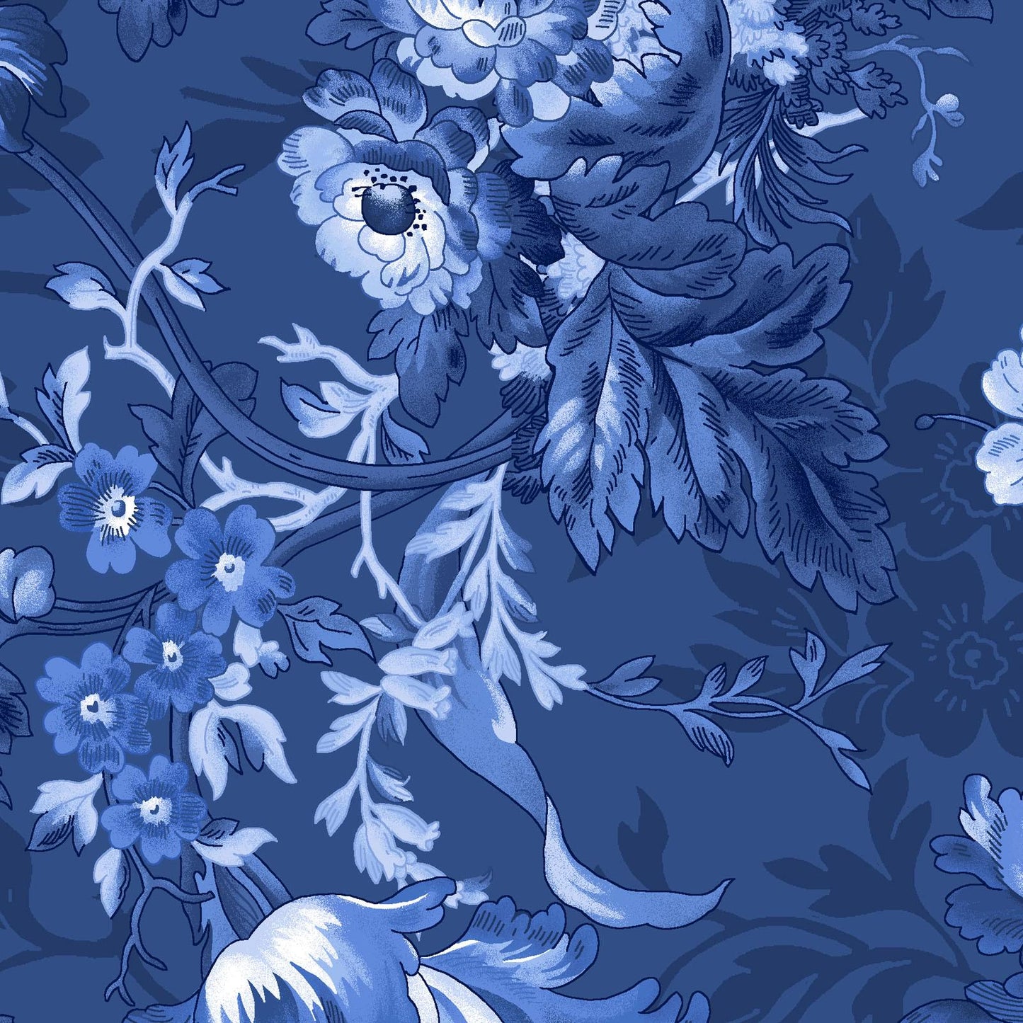 Blue Belle 28 Piece Fat Quarter Bundle Plus Panel, FQ-MASBLBE, 18 x 22 Fabric Cuts, Blue White Floral Fabric Bundle, Maywood Studio