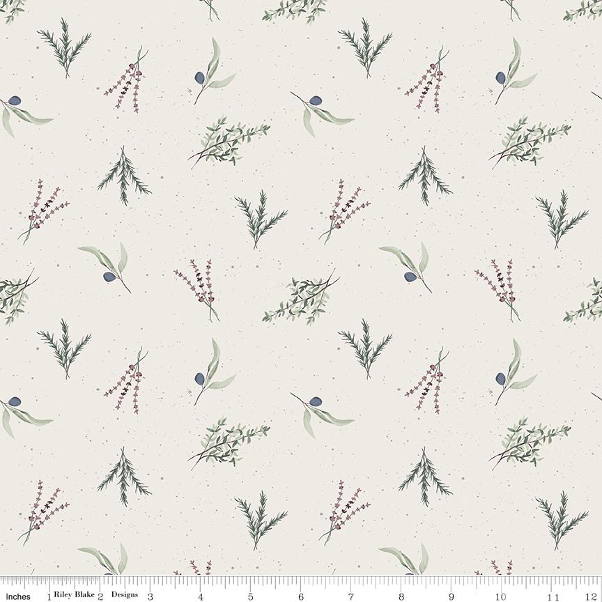 Olive Grove - Herbs Olives on Ivory Fabric, Riley Blake C16632-Ivory, Burgundy Green Blue Herb Sprigs Cotton Fabric, Amber Elliot, Alderwood