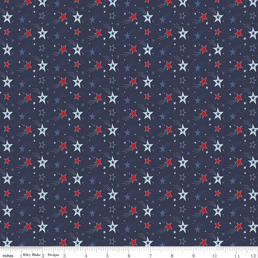 Stars and Stripes Forever - Patriotic Shooting Stars on Navy Blue Fabric, Riley Blake C15712-NAVY, Patriotic Star Cotton Fabric, By the Yard