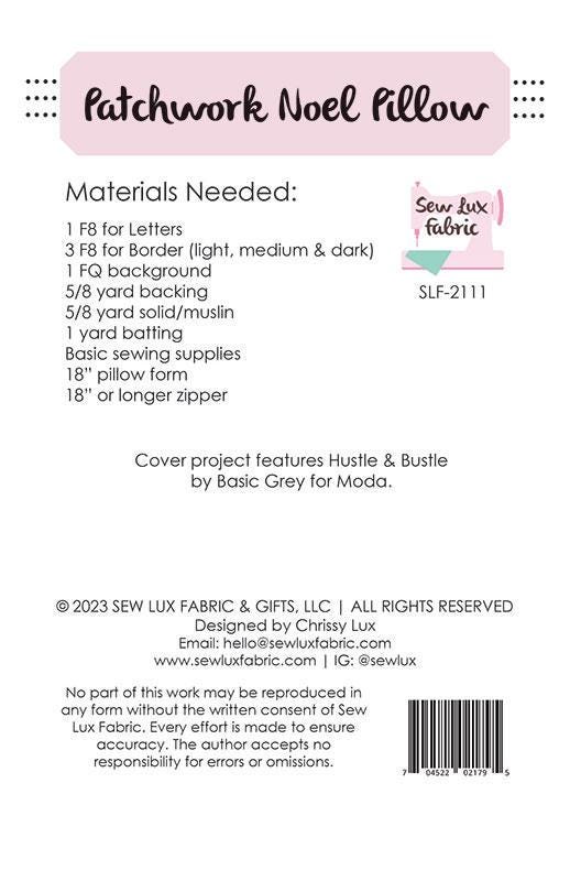 Patchwork Noel Pillow Quilt Pattern, Sew Lux Fabric SLF2111, Fat Eighths Yardage Friendly Christmas Xmas Noel Pillow Cover Pattern