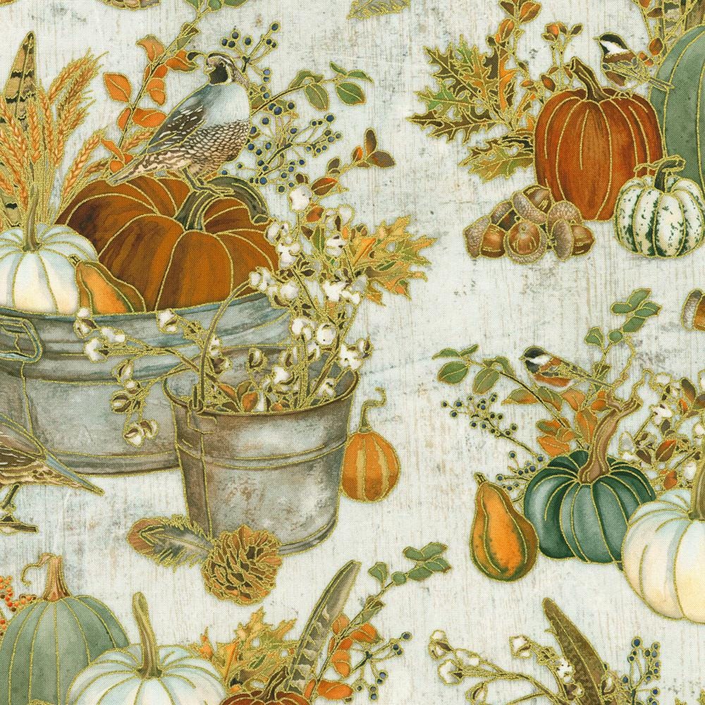 Warm Welcome 10" Squares, Robert Kaufman TEN-1395-42, 10" Precut Autumn Fall Gold Metallic Leaves Floral Fabric Squares,