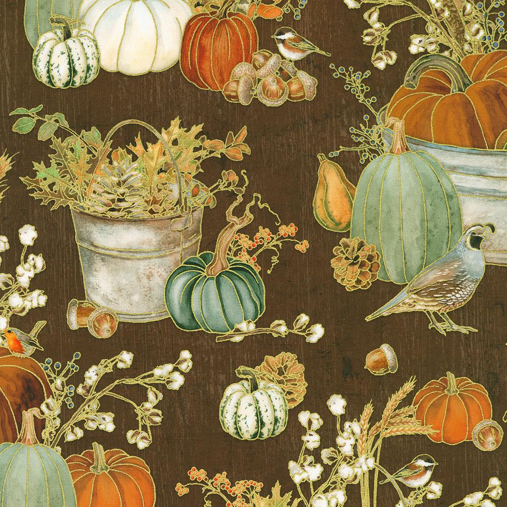 Warm Welcome 10" Squares, Robert Kaufman TEN-1395-42, 10" Precut Autumn Fall Gold Metallic Leaves Floral Fabric Squares,