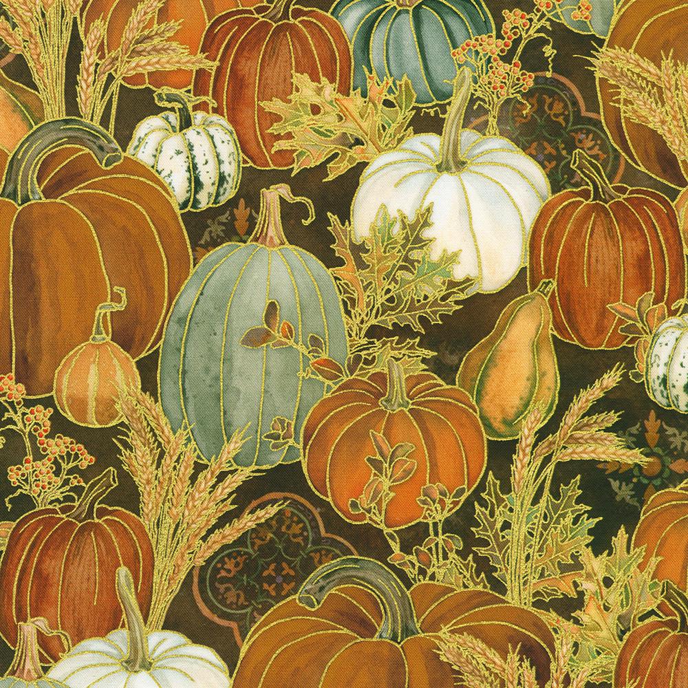 Warm Welcome 10" Squares, Robert Kaufman TEN-1395-42, 10" Precut Autumn Fall Gold Metallic Leaves Floral Fabric Squares,